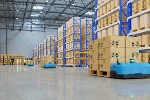 Robots efficiently sorting hundreds of parcels per hour,pallet lifter AGV.3d rendering